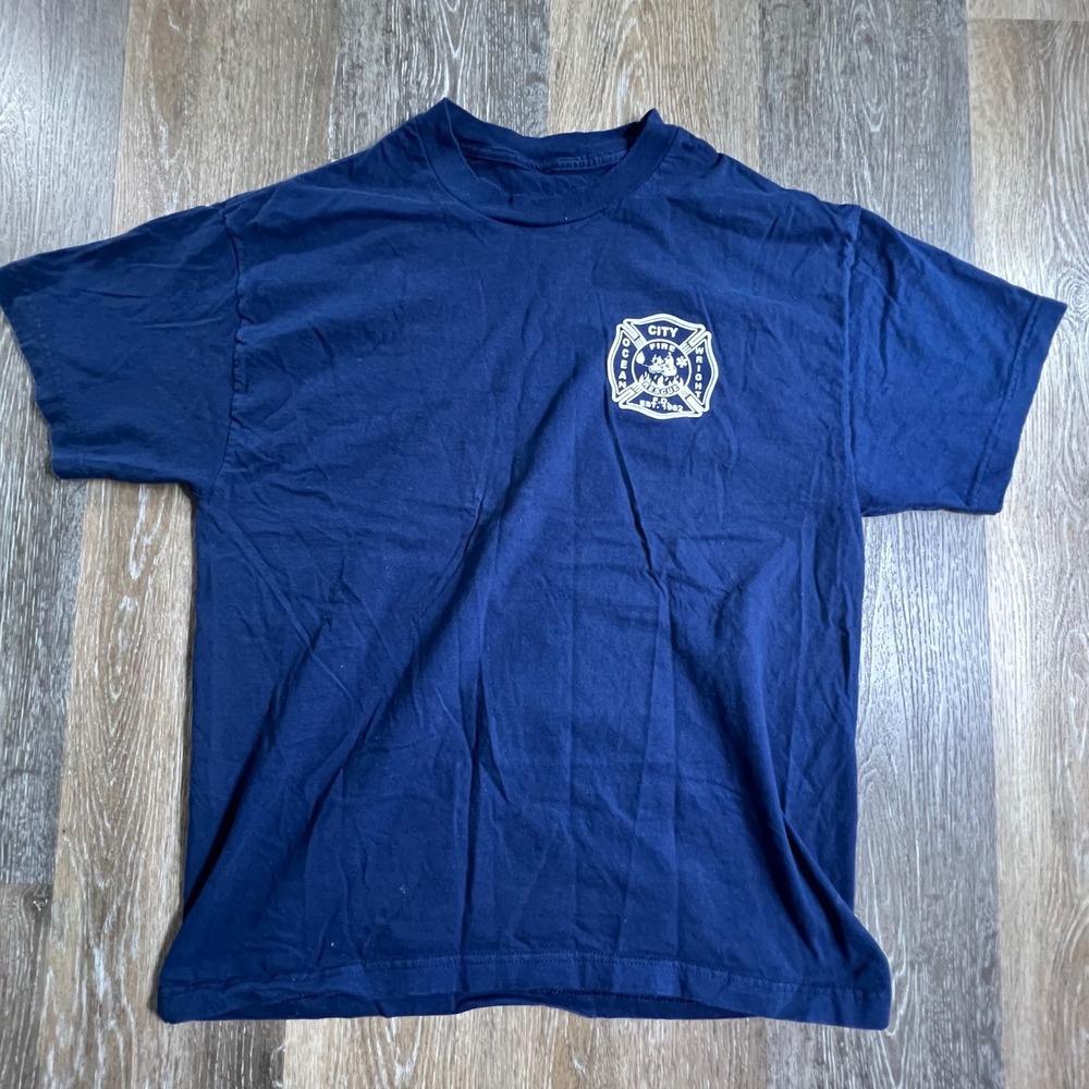 Gildan Fire Rescue T-Shirt Mens Medium Navy Blue Ocean City Wright Graphic Tee